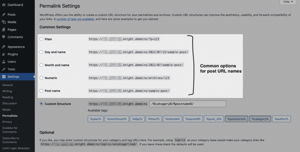 screenshot of WordPress permalink settings, highlighting common options for post URL names