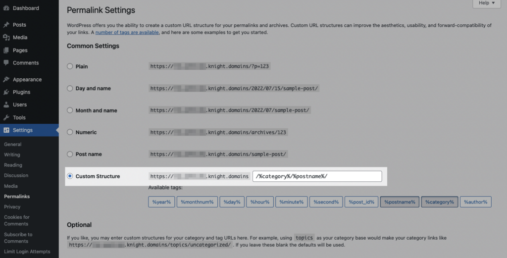 screenshot of WordPress permalink settings, highlighting the custom structure option