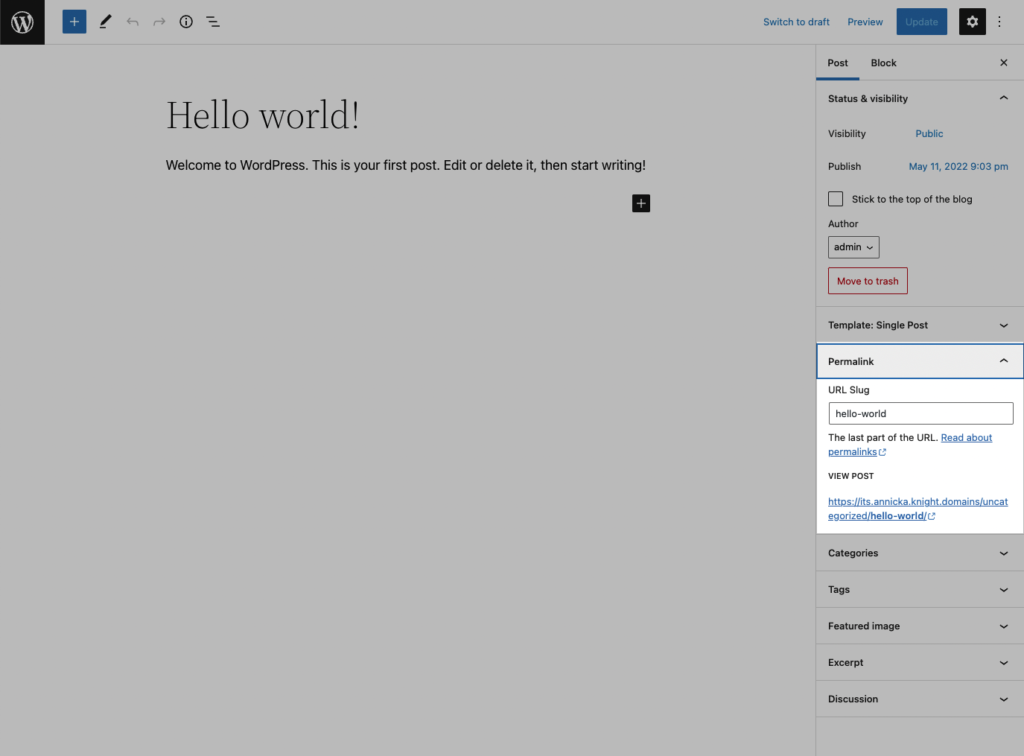 screenshot of editing a WordPress blog post, highlighting the permalink section